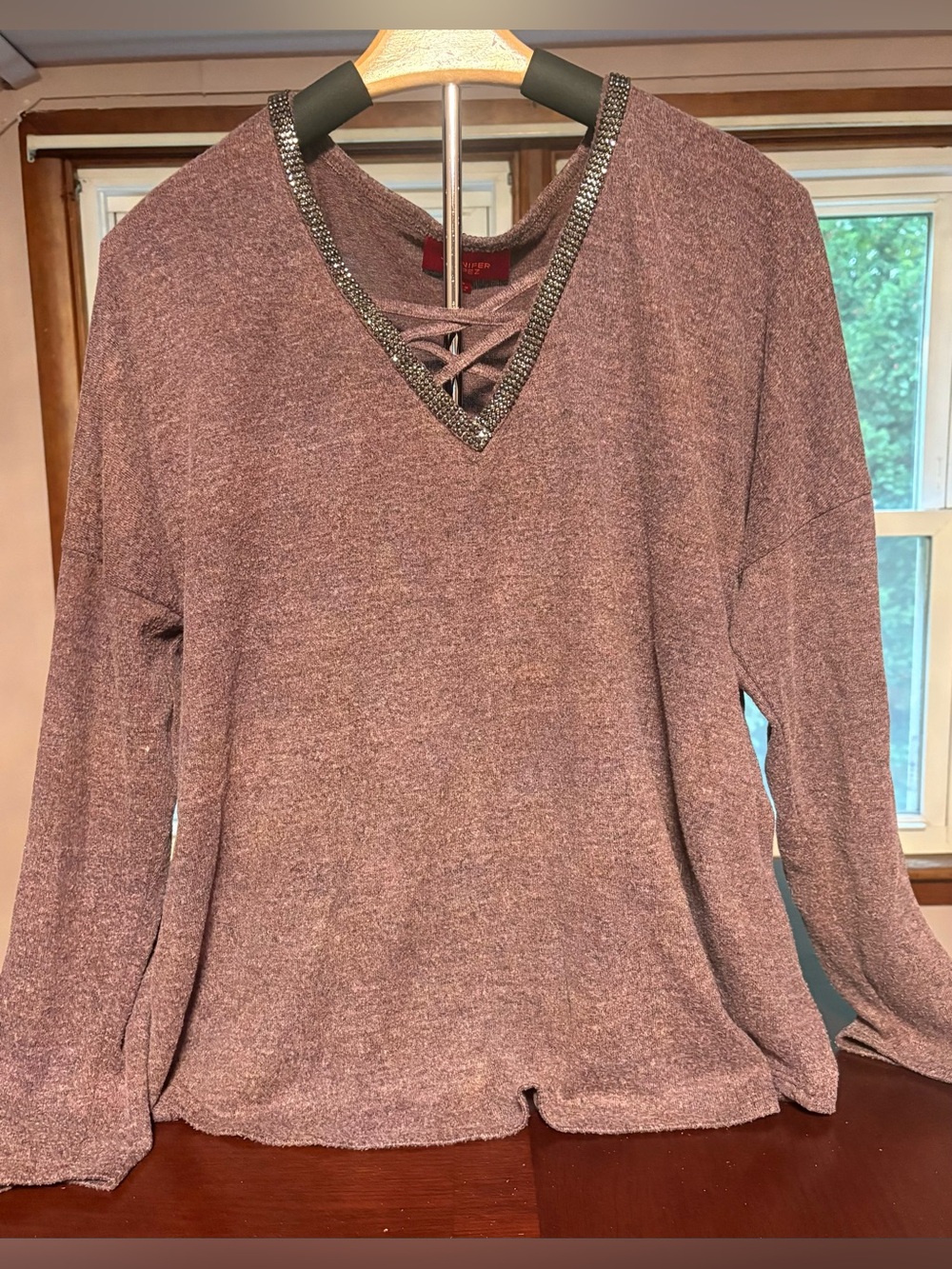 Cozy Glam Mauve Rhinestone Crisscross Top Size XL